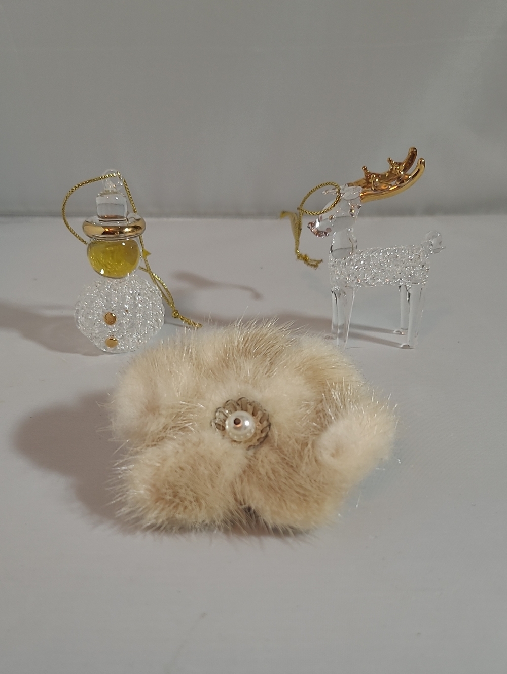 Vintage Fur Brooch with Decorative Pearl Accent And Two Glass Ornaments